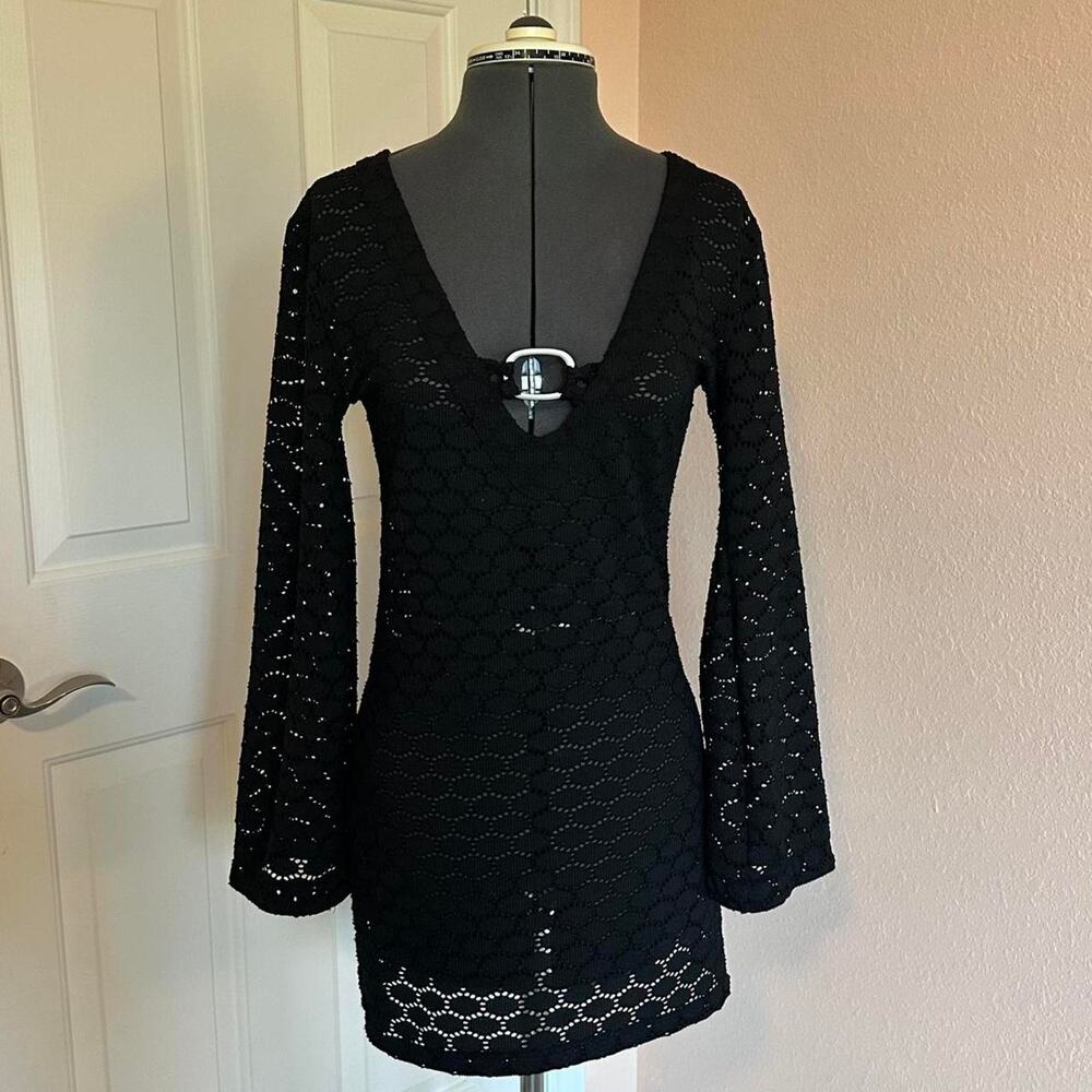 sheer goth black mini dress long flare sleeves silver detailing INC
